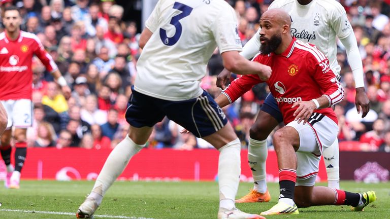 Bryan Mbeumo scores Manchester United's third goal against Nottingham Forest