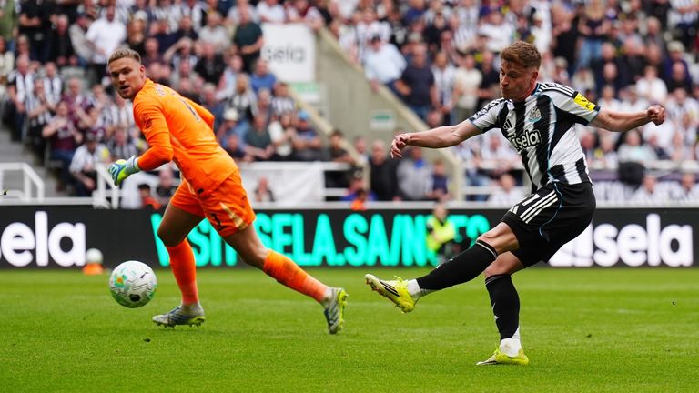Harvey Barnes scores Newcastle's third goal to seal victory for Newcastle against Brighton