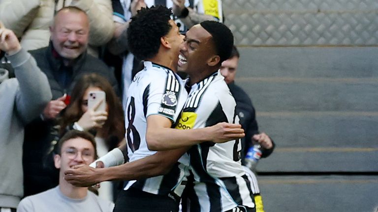 William Osula celebrates scoring Newcastle's third goal with team-mate Joe Willock