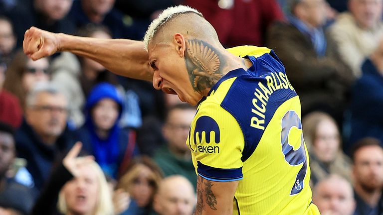 Richarlison celebrates after doubling Spurs' lead at Aston Villa