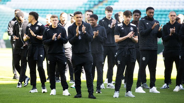 GLASGOW, SCOTLAND - MAY 10: Rangers James Tavernier, Mikey Moore and Connor Barron pre-match duing a William Hill Premiership match between Celtic and Rangers at Celtic Park, on May 10, 2026, in Glasgow, Scotland.   (Photo by Alan Harvey / SNS Group)