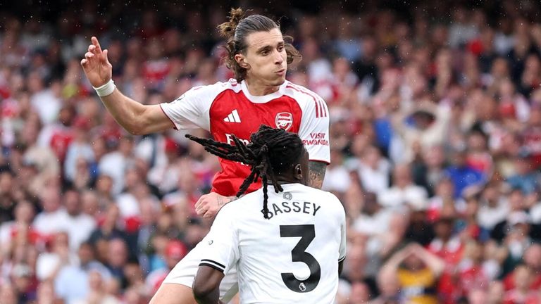 Riccardo Calafiori powers a header into Fulham's net, only for his effort to be ruled out by VAR for offside