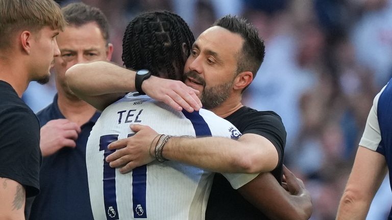 Tottenham's head coach Roberto De Zerbi embraces Mathys Tel at the final whistle (AP Photo/Frank Augstein)