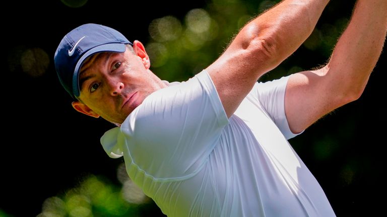 Rory McIlroy, of Northern Ireland, hits from the 14th tee during first round of the Truist Championship
