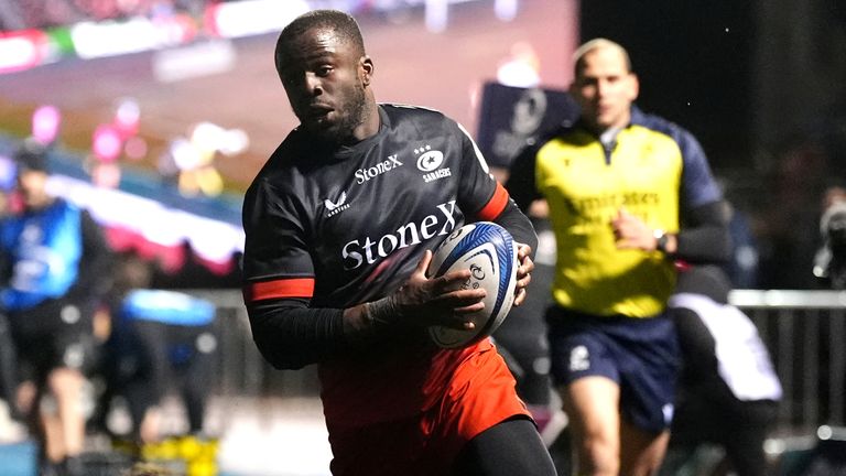 Saracens' Rotimi Segun scores his side's second try of the game during the Investec Champions Cup match at StoneX Stadium, London. Picture d