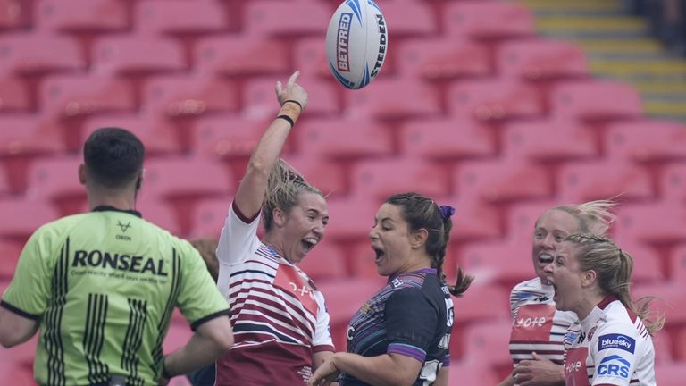 Wigan Warriors' Georgia Wilson (left) celebrates after scoring her side's first try during the Women's Challenge Cup final 