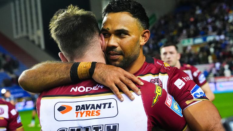 Picture by Olly Hassell/SWpix.com - 03/10/2025 - Rugby League - Betfred Super League Semi-final - Wigan Warriors v Leigh Leopards - The Brick Community Stadium, Wigan, England - Bevan French of Wigan and Harry Smith of Wigan celebrates their teams victory over Leigh