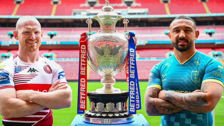 Picture by Simon Wilkinson/SWpix.com - 11/05/2026 - Rugby League - Betfred Challenge Cup Final Preview - Wembley Stadium, London, England - Wigan's LIam Farrell with Hull KR's Elliot Minchella and the Betfred Challenge Cup trophy at Wembley Stadium.