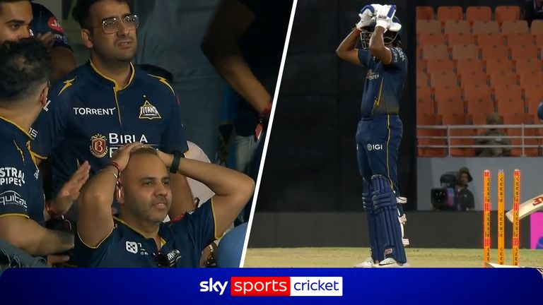 For the second game in a row, Gujarat Titans' Sai Sudharsan lets go of his bat after hitting a shot for four that hits the wicket behind him, causing him to walk. 