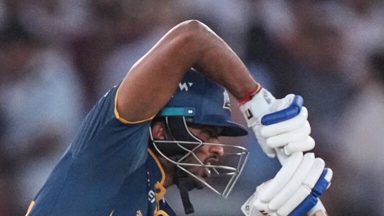 Gujarat Titans' Sai Sudharsan plays a shot during the IPL final cricket match between Gujarat Titans and Royal Challengers Bengaluru 