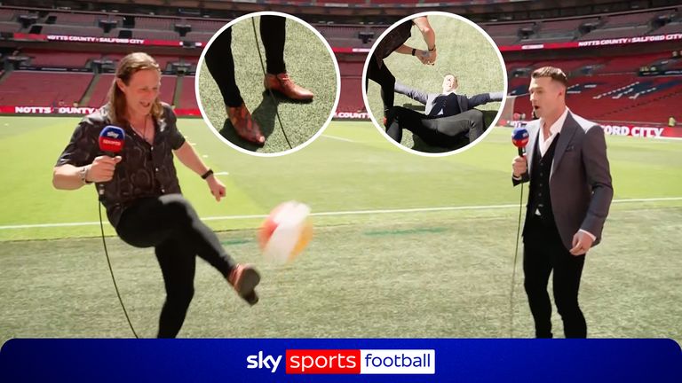 Gareth Ainsworth joins Sky Sports' Mark McAdam in dealing with the warm weather at Wembley Stadium ahead of the League Two play off final between Salford and Notts County