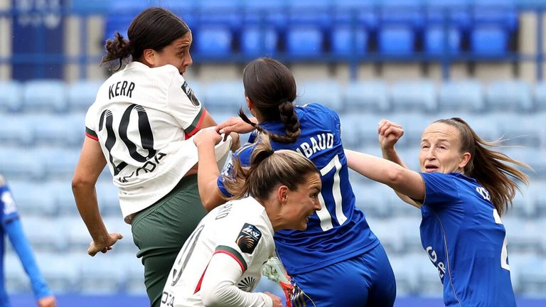 Sam Kerr heads Chelsea in front against Leicester