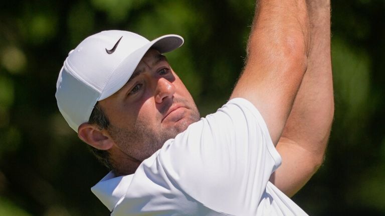 Scottie Scheffler hits from the fourth tee during the third round of the PGA Championship golf tournament at Aronimink Golf Club, Saturday, May 16, 2026, in Newtown Square, PA. (AP Photo/Carolyn Kaster)