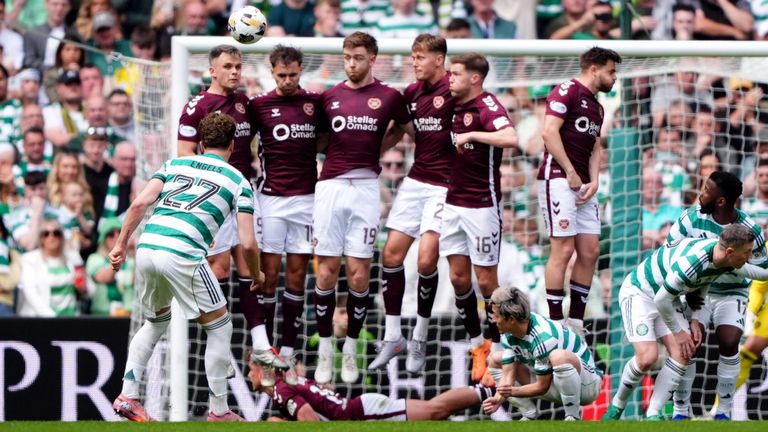 Arne Engels screws a free-kick wide of the Hearts goal