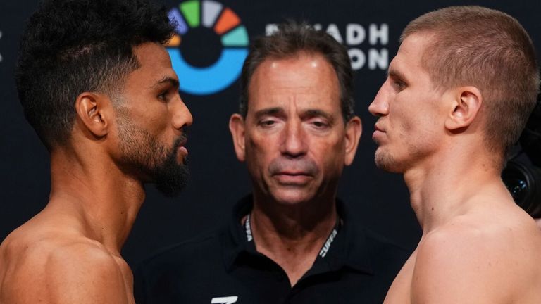 Shane Mosley Jr and Serhii Bohachuk face off after weighing. 