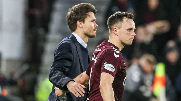 EDINBURGH, SCOTLAND - DECEMBER 21: Rangers Head Coach Danny Rohl with Hearts' Lawrence Shankland during a William Hill Premiership match between Heart of Midlothian and Rangers at Tynecastle Park, on December 21, 2025, in Edinburgh, Scotland. (Photo by Alan Harvey / SNS Group)