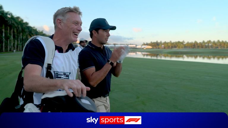 Sky Sports' Simon Lazenby caddies for Cadillacs Sergio Perez. 