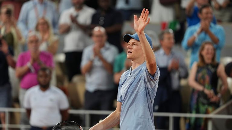 Jannik Sinner of Italy celebrates after winning the first round men's singles tennis match against Clement Tabur