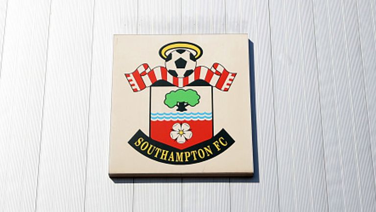 SOUTHAMPTON, ENGLAND - SEPTEMBER 14: View of the Southampton club badge outside the stadium prior to the Premier League match between Southampton FC and Manchester United FC at St Mary's Stadium on September 14, 2024 in Southampton, England. (Photo by Catherine Ivill - AMA/Getty Images)