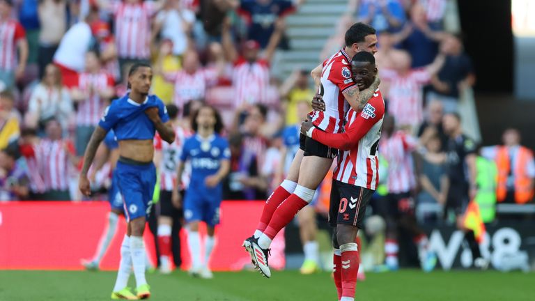 Sunderland's Nordi Mukiele celebrates with Enzo Le Fee after securing Europa League football