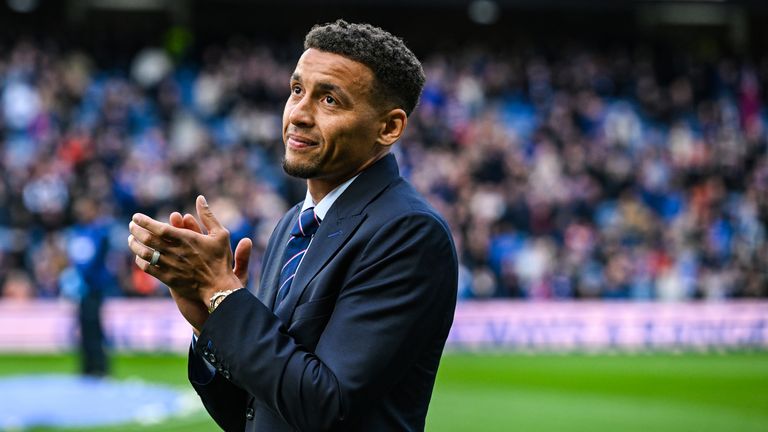 James Tavernier is presented a plate by Rangers Legend John Greig to mark his final season with Rangers 