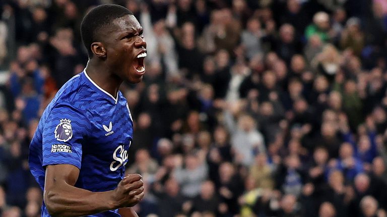 Thierno Barry celebrates after his controversial equaliser for Everton against Man City