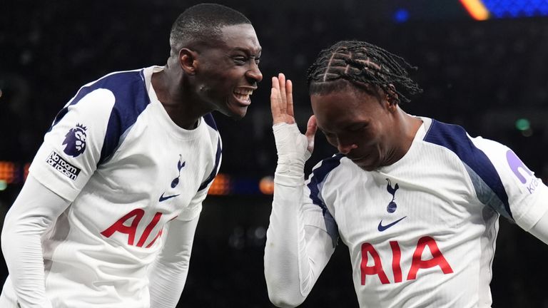 Mathys Tel celebrates opening the scoring for Tottenham against Leeds