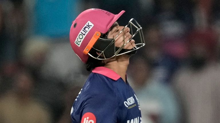 Rajasthan Royals' Vaibhav Sooryavanshi reacts after his dismal at ninety seven runs during the Indian Premier League cricket match between Rajasthan Royals and Sunrisers Hyderabad in New Chandigarh, India, Wednesday, May 27, 2026. (AP Photo/Ashwini Bhatia)