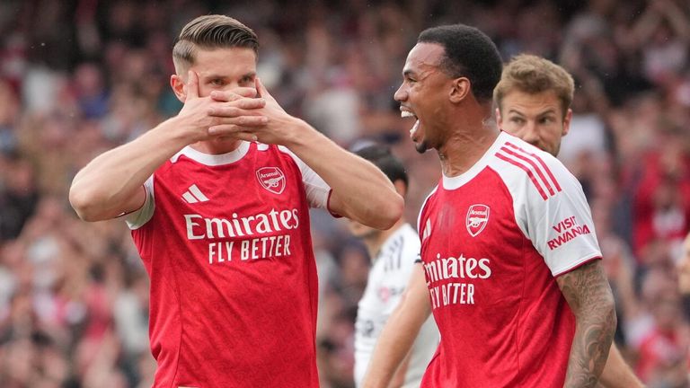 Viktor Gyokeres celebrates with Gabriel after giving Arsenal an early lead against Fulham