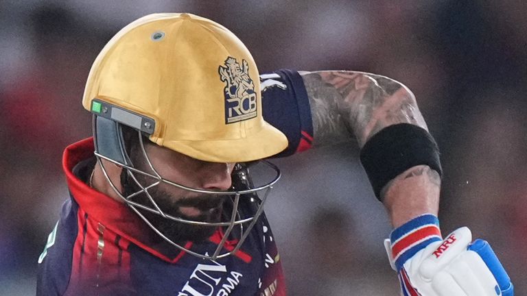 Royal Challengers Bengaluru's Virat Kohli plays a shot during the IPL final Gujarat Titans and Royal Challengers Bengaluru