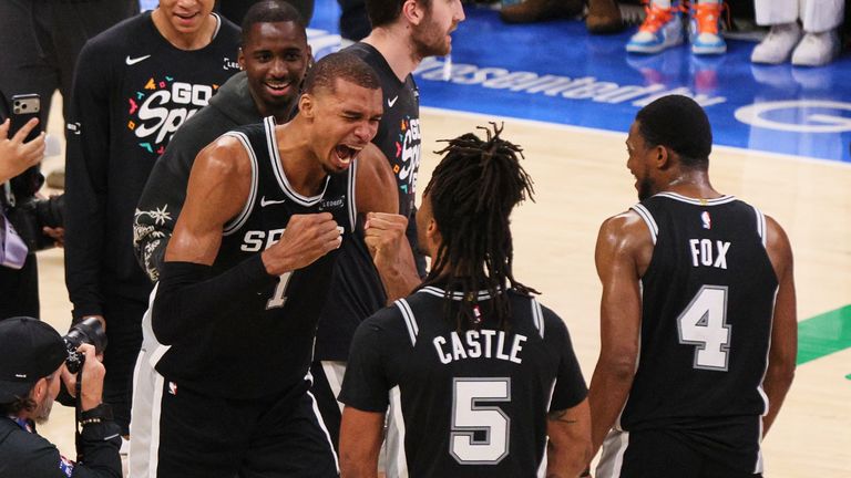 San Antonio Spurs forward Victor Wembanyama (1) celebrates after defeating the Oklahoma City Thunder in the Western Conference finals