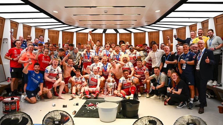 Picture by Olly Hassell/SWpix.com - 30/05/2026 - Rugby League - Betfred Challenge Cup Final - Wigan Warriors v Hull KR - Wembley Stadium, London, England - Wigan celebrate in their changing rooms after victory over Hull KR in the Betfred Challenge Cup final.