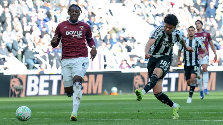 William Osula fires Newcastle into a 2-0 lead against West Ham