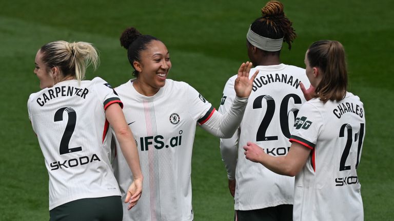 Lauren James is congratulated after doubling Chelsea's lead against Leicester