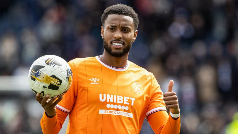 Rangers' Youssef Chermiti with the match ball at full time 