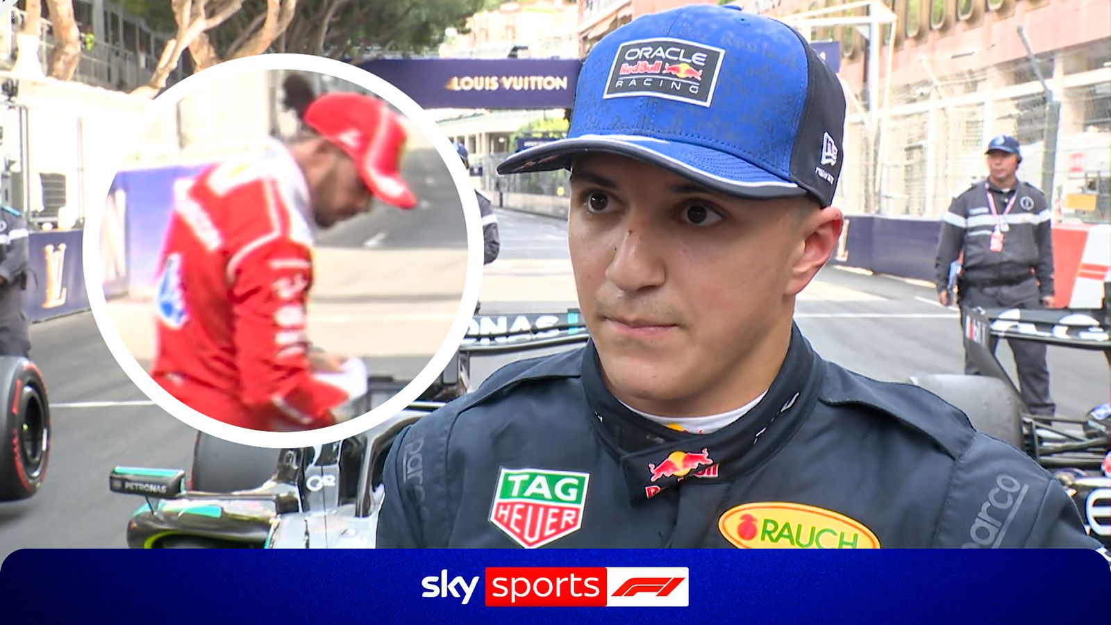 Lewis Hamilton inspects Kimi Antonelli's Mercedes car after Monaco GP