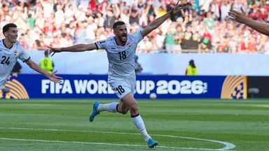 Iraq's Aymen Hussein (18), celebrates scoring his side's first goal during the World Cup Group I soccer match between Iraq and Norway in Foxborough, Mass., near Boston, Tuesday, June 16, 2026. (AP Photo/Martin Meissner)