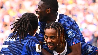 30 June 2026, USA, East Rutherford: Soccer, Men, 2026 World Cup, France vs. Sweden, Knockout Stage, Round of 32, New York -New Jersey Stadium, Bradley Barcola (right, France) celebrates his goal to make it 2-0 with Ousmane Demb..l.. (France, center) 