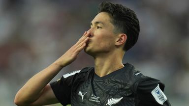 New Zealand's Elijah Just (11) celebrates after scoring a goal during the World Cup Group G soccer match between Iran and New Zealand in Inglewood, Calif., near Los Angeles, Monday, June 15, 2026. (AP Photo/Andre Penner)