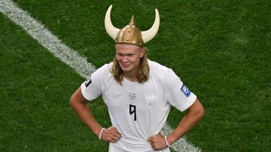 Norway's Erling Haaland wears a Viking hat after beating the Ivory Coast in the World Cup round of 32
