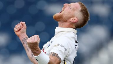 Ben Stokes celebrates after taking the wicket of George Bartlett