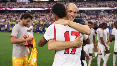 Thomas Tuchel, Manager of England, celebrates with Morgan Rogers #17 after the 4-2 win during the FIFA World Cup 2026