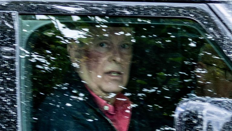 Andrew Mountbatten-Windsor was pictured at the wheel of his car with a large purple mark on his cheek. Pic: Bav Media