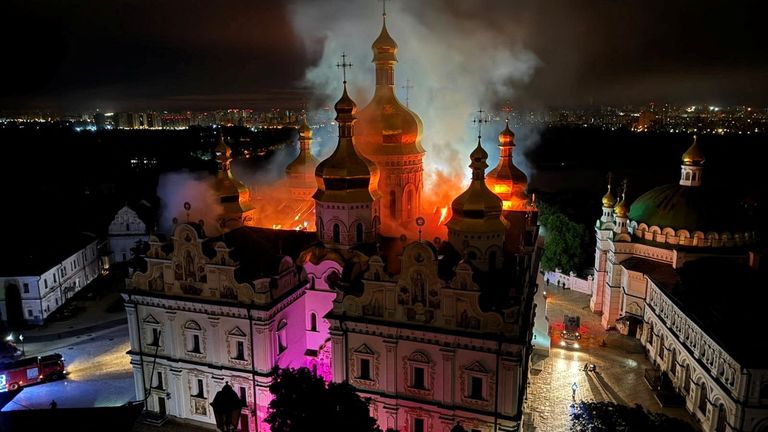The Kyiv Pechersk Lavra monastery burns after it was hit during a missile and drone strike. Pic: Reuters