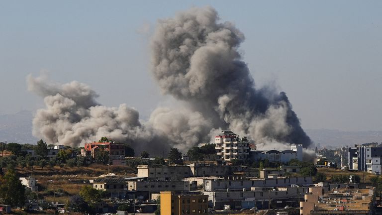 Smoke billows from southern Lebanon following an Israeli strike, as seen from Nabatieh. Pic: Reuters