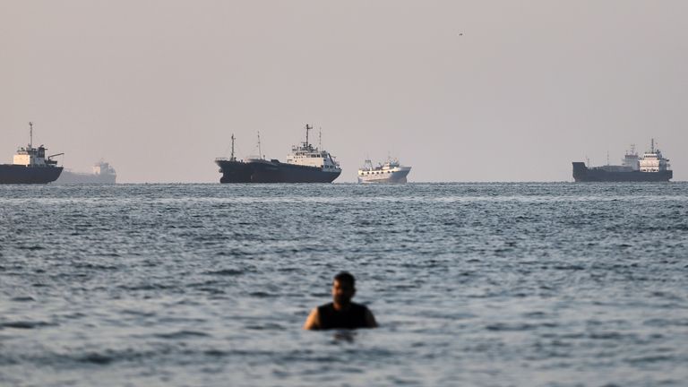 A person stands in shallow water as cargo and commercial vessels are anchored in the Strait of Hormuz, off Bandar Abbas, Iran. Pic: AP