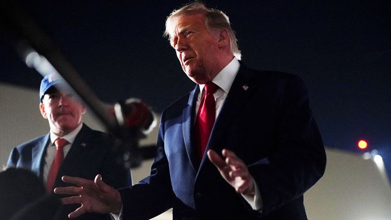 U.S. President Donald Trump speaks to the members of the media, after attending Game 3 of the NBA Finals, at John F. Kennedy International Airport in New York, U.S., June 8, 2026. REUTERS/Nathan Howard