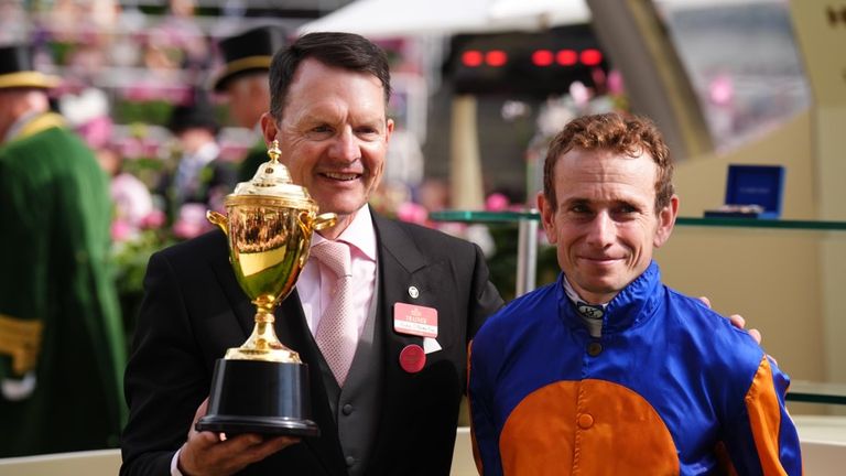 Aidan O'Brien and Ryan Moore pose for the cameras after Scandinavia's Gold Cup success at Royal Ascot