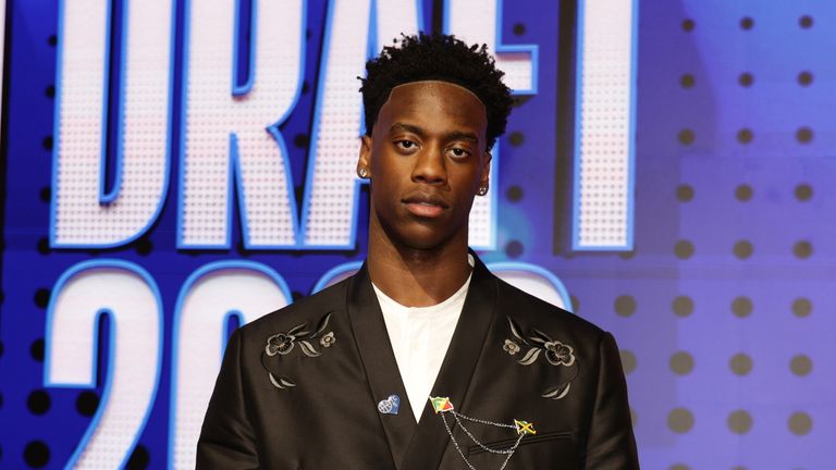 AJ Dybantsa arrives for the first round of the NBA basketball draft Tuesday, June 23, 2026, in New York. (AP Photo/Adam Hunger)