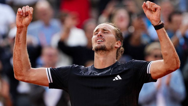 Germany's Alexander Zverev celebrates after winning the mens final singles match against Italy's Flavio Cobolli on day 15 of the French Open